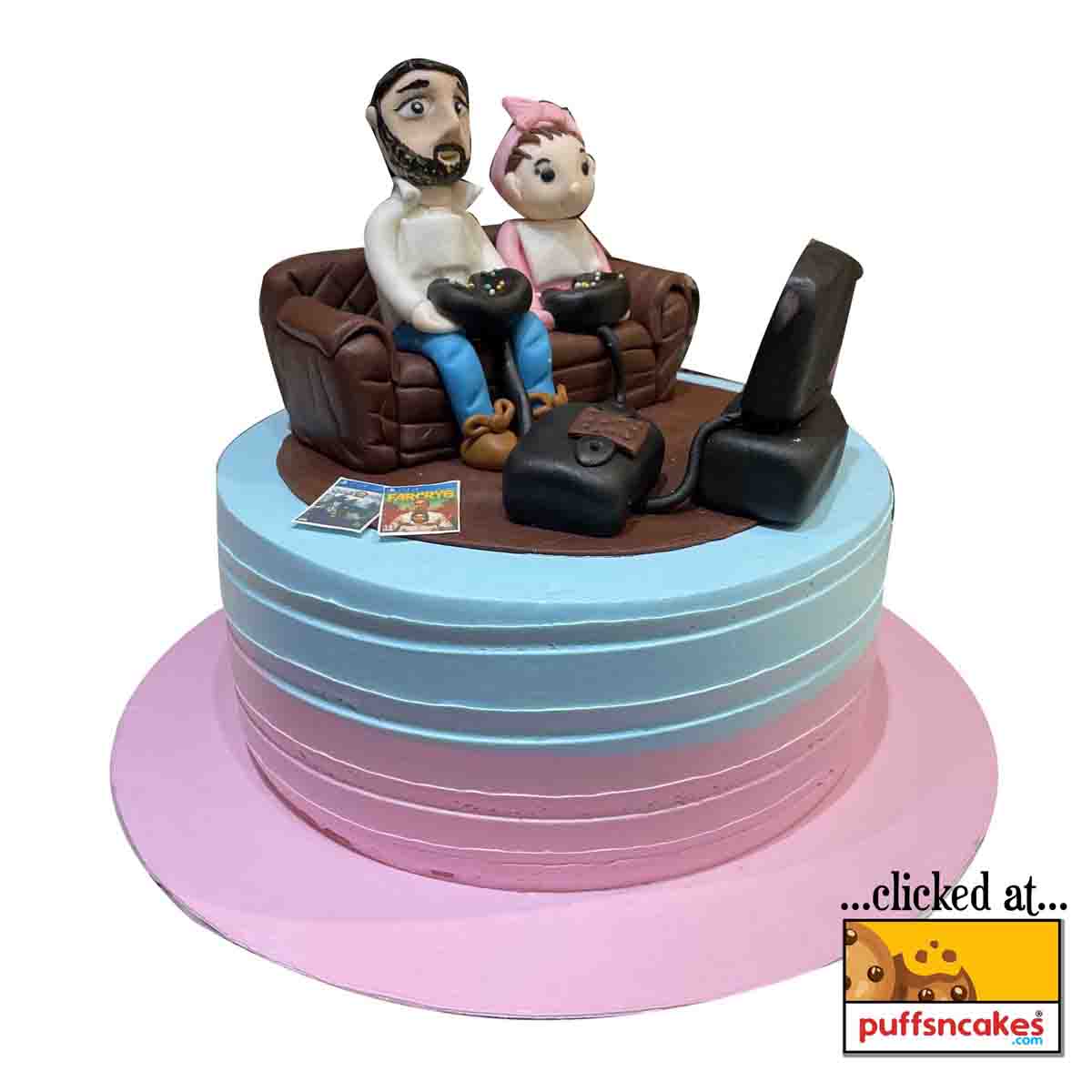 (1405) Father Daughter Gaming Theme Semi Fondant Cake